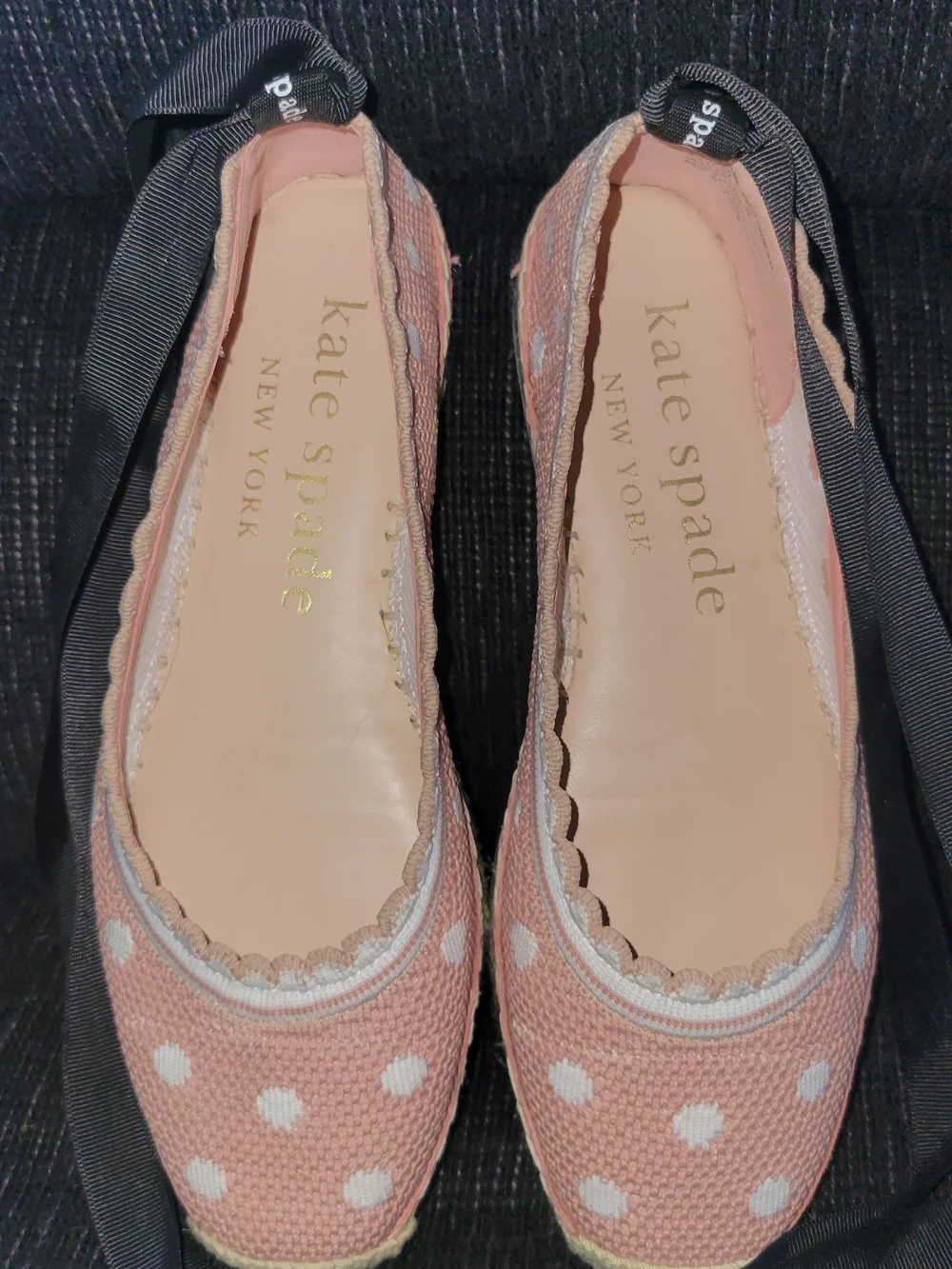 Kate Spade Pink Polka Dot Espadrille Flats with Black Ribbon